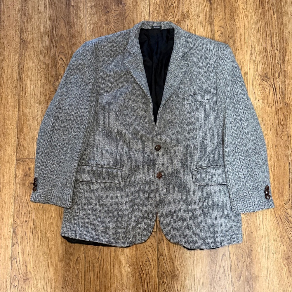 Deansgate Mens 46R Lambswool Herringbone Blazer Gray Sport Coat Luxury Vintage‎